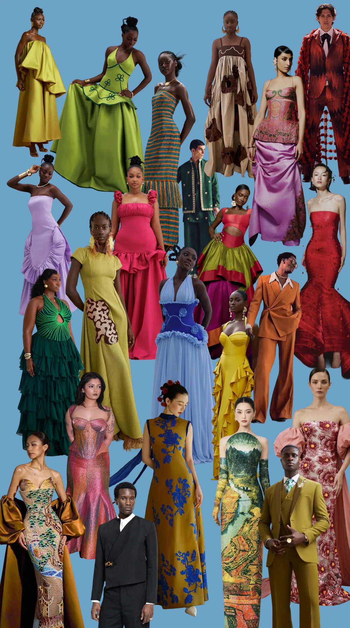 Collage of guests in vibrant black tie: floor-length gowns in chartreuse, fuchsia, lavender, emerald and gold, tailored suits, and cultural dress including printed African fabrics, a qipao-style gown and embroidered jackets, on a blue background