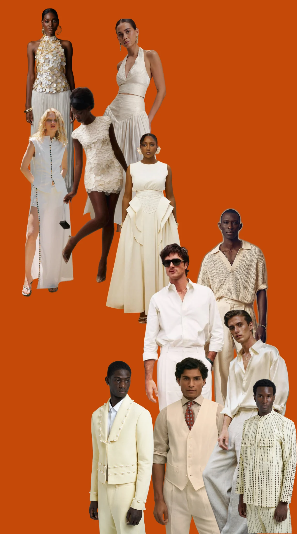 Collage of guests dressed head to toe in white — dresses, suits, and knitwear — on an orange background