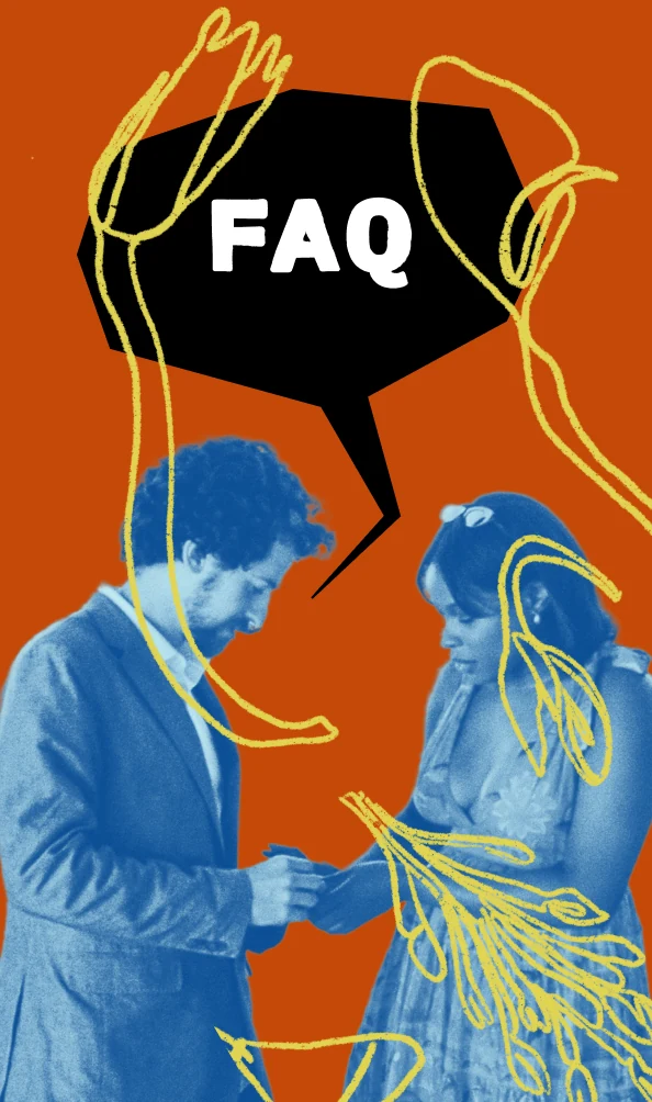 FAQ — Cooper and Ciera exchanging a ring, with a black speech bubble that reads FAQ