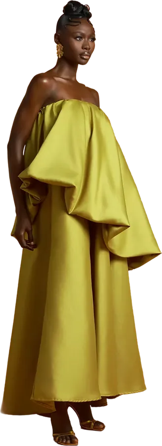 Chartreuse satin gown with a draped cape