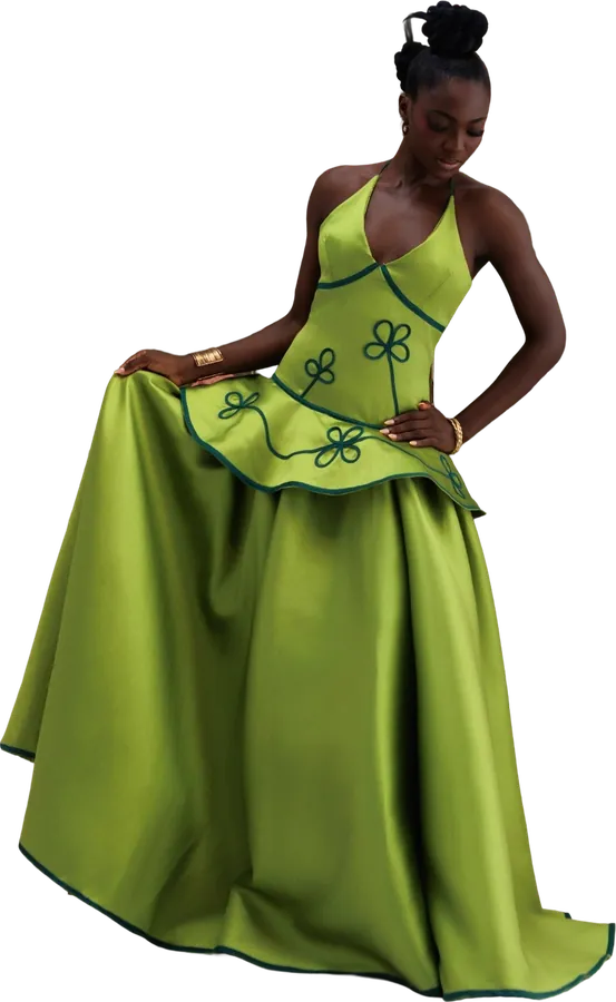 Green halter gown with an embroidered peplum and full skirt