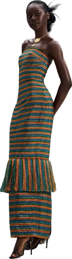 Striped woven column dress with a fringed hem