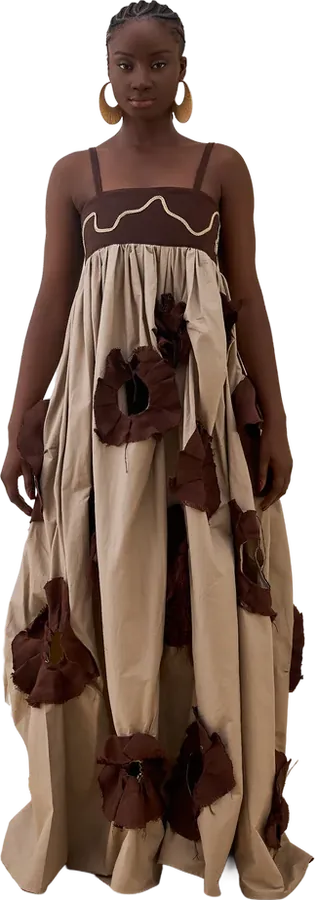 Taupe gown with brown floral appliqués