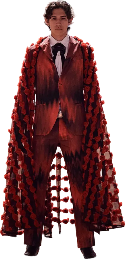 Red patterned suit with a long beaded coat