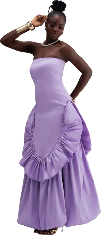 Lilac strapless gown with a ruched drape