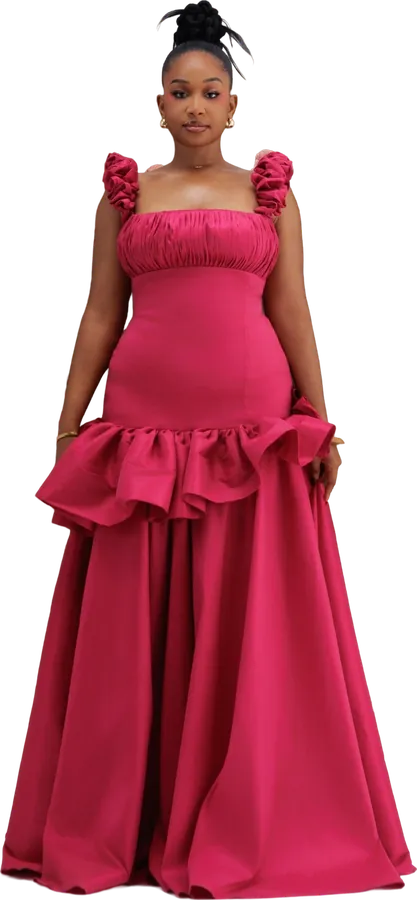 Raspberry gown with ruffled straps and a peplum