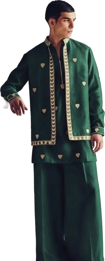 Bottle-green embroidered jacket with wide trousers