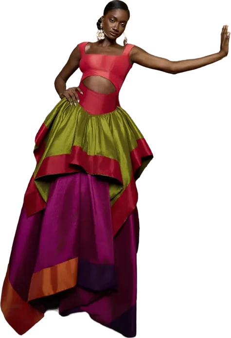 Coral cut-out bodice with a layered olive and magenta skirt