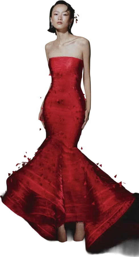 Red sequined strapless mermaid gown