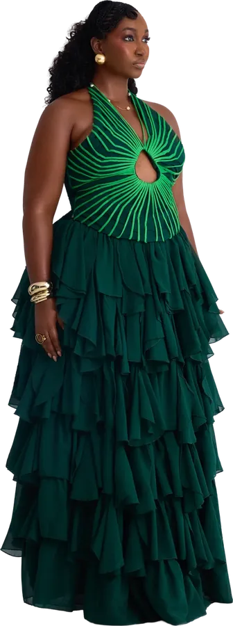 Emerald gown with tiered ruffles
