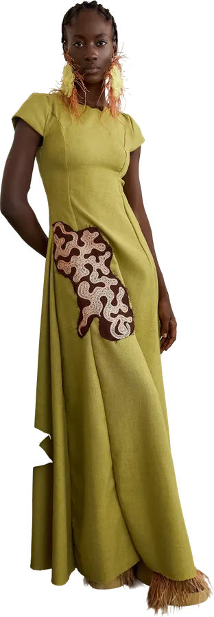 Olive gown with a brown patterned panel