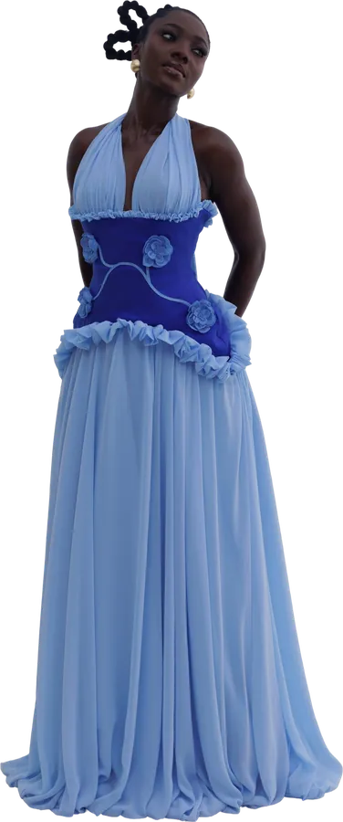 Periwinkle halter gown with a cobalt corset