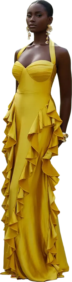 Yellow halter gown with ruffles down the skirt