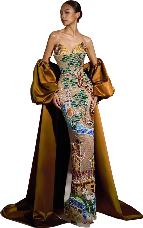 Mosaic-embroidered corset gown with a bronze satin cape