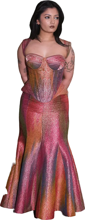 Iridescent pink corset gown with a mermaid skirt