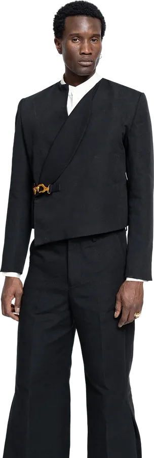 Black wrap jacket with a white band collar
