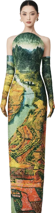 Gown with a painted landscape print and matching gloves