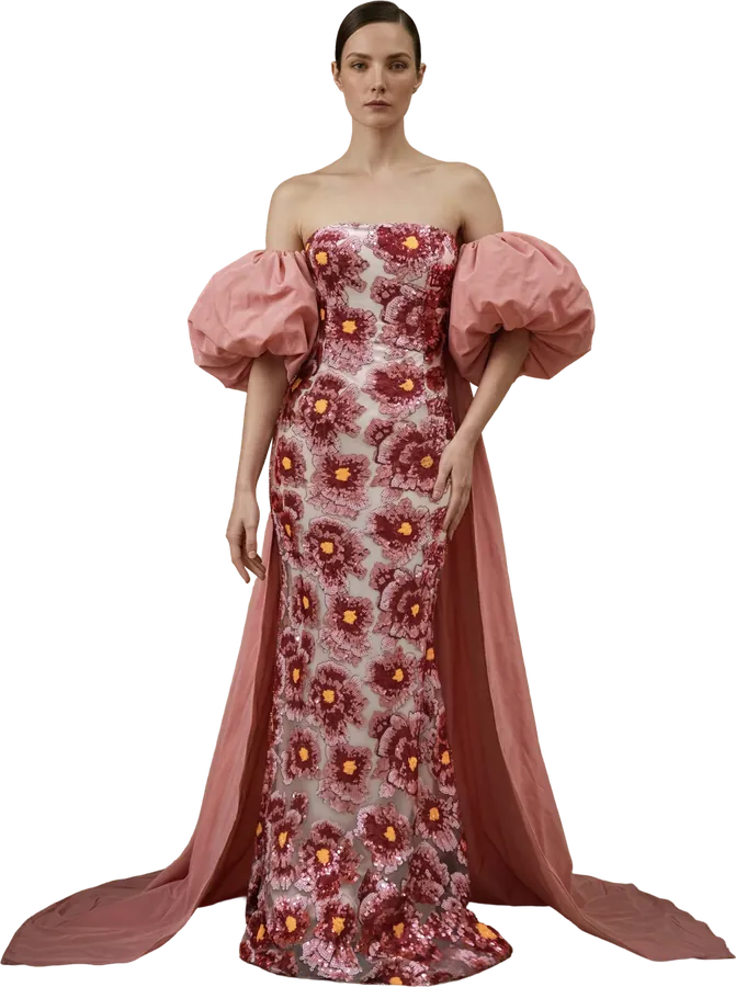 Pink floral-embroidered gown with puff sleeves and a train