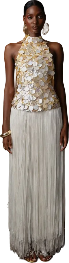 Gold paillette halter top with a long white fringed skirt