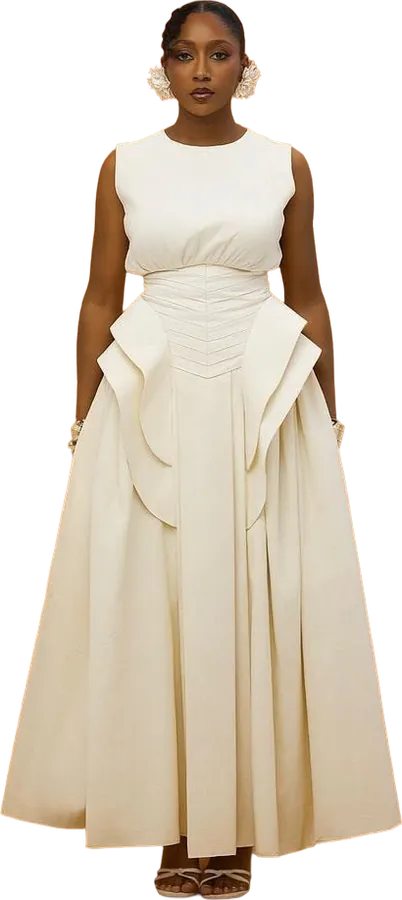 Cream sleeveless dress with a sculpted peplum and full skirt