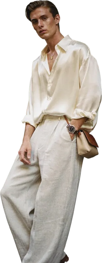 Ivory silk shirt with wide linen trousers